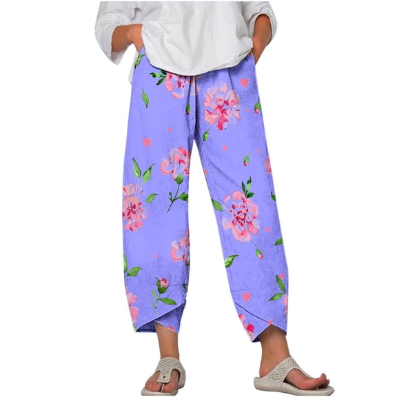 successthop Womens Capris with Pockets Trendy Plus Size Casual Cropped Pants Loose Floral Trendy Summer Bottoms Purple