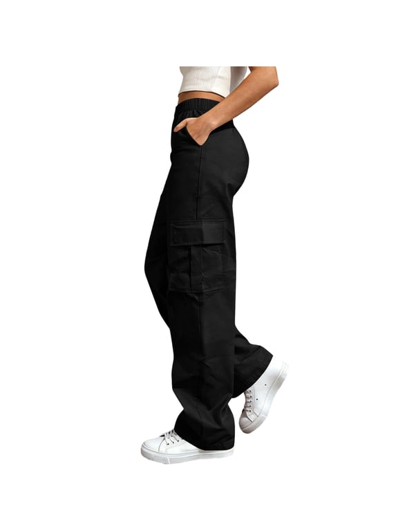 Womens Cargo Pants with Pockets High Waist Pants Straight Leg Bottoms Plus Size Casual Workout Clothes Black