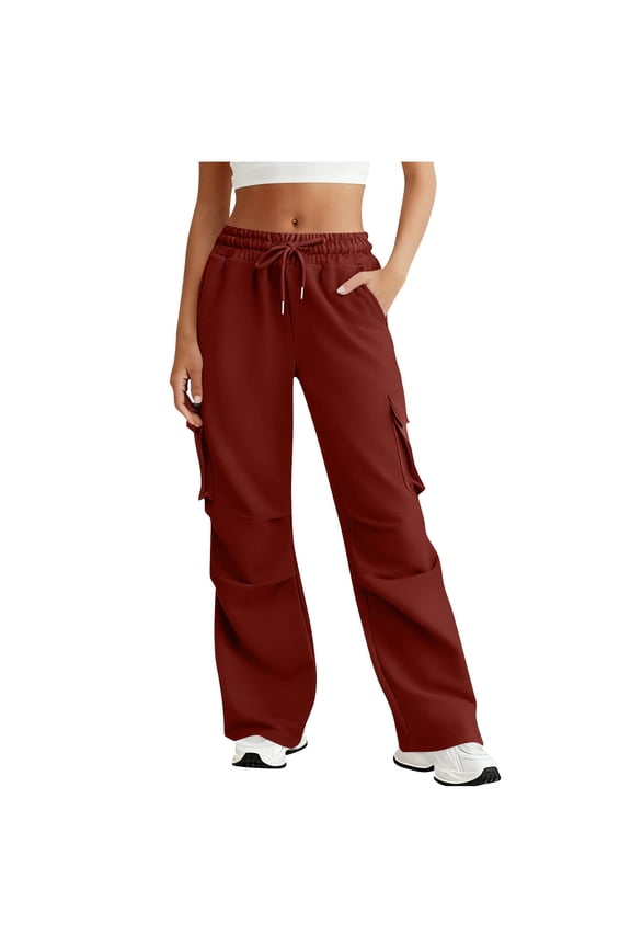 Womens Cargo Sweatpants with Pockets Athleisure Pants Elastic Drawstring Trousers Solid Sport Bottoms Red S