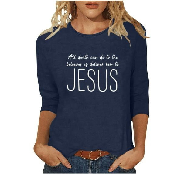 successthop Womens Christian Shirt Casual 3/4 Sleeve Clothes Oversized Crewneck Pullover Tops Letter Stylish Tee Shirts