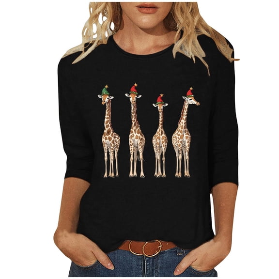 successthop Womens Christmas Shirt Funny Graphic Plus Size 3/4 Sleeve Clothe Lightweight Oversized Crewneck Party Tops