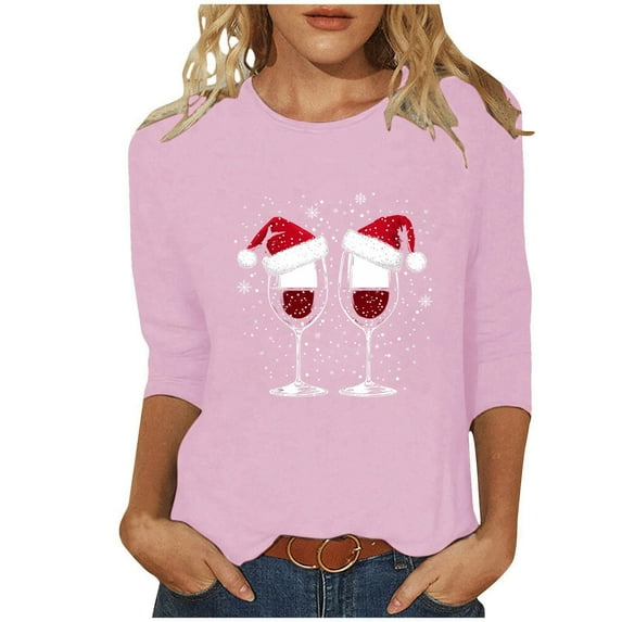 successthop Womens Christmas Shirt Funny Graphic Plus Size 3/4 Sleeve Clothe Lightweight Oversized Crewneck Party Tops