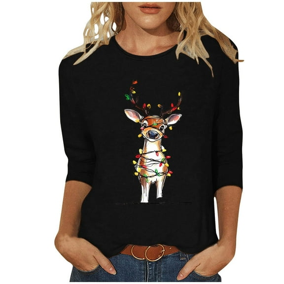 successthop Womens Christmas Shirt Funny Graphic Plus Size 3/4 Sleeve Clothe Lightweight Oversized Crewneck Party Tops