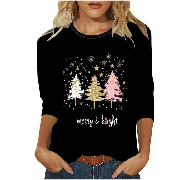 successthop Womens Christmas Shirt Funny Graphic Tree Plus Size 3/4 Sleeve Clothe Oversized Crewneck Festival Tops