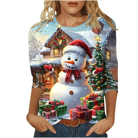 successthop Womens Christmas Shirts Ugly Graphic Snowman Plus Size 3/4 Sleeve Clothes Oversized Crewneck Vacation Top