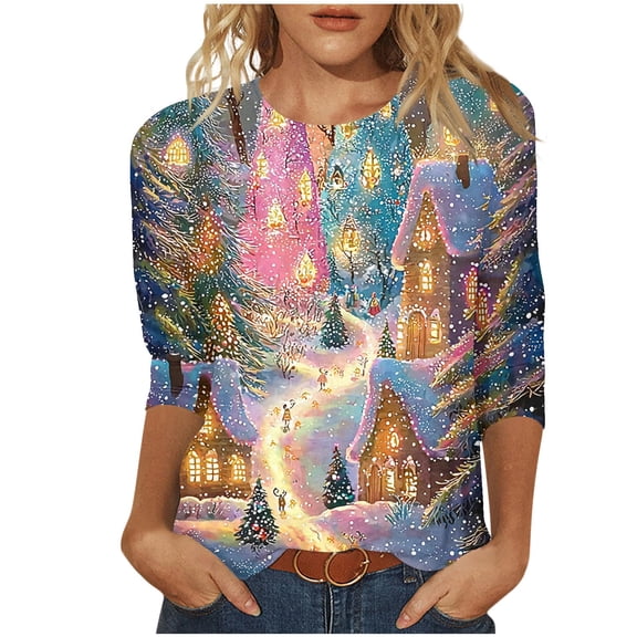 successthop Womens Christmas Top Funny Graphic Light Tree Plus Size 3/4 Sleeve Clothes Oversized Crewneck Vacation Shirt