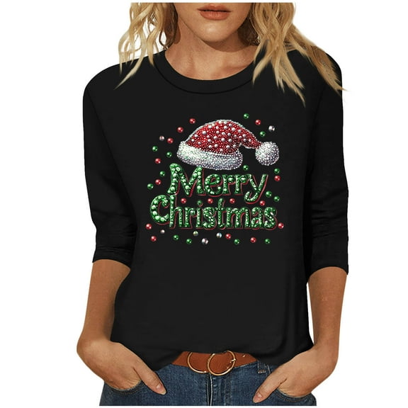successthop Womens Christmas Top Ugly Graphic Letter 3/4 Sleeve Shirts Lightweight Oversized Crewneck Vacation Clothes