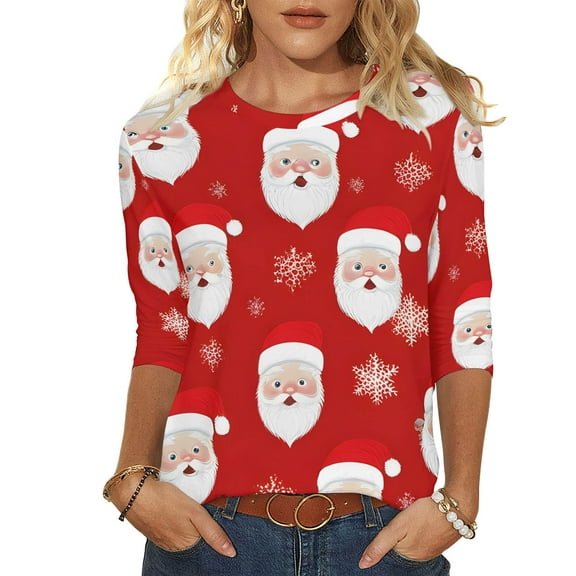 successthop Womens Christmas Top Ugly Graphic Santa Plus Size 3/4 Sleeve Shirts Lightweight Crewneck Party Clothes
