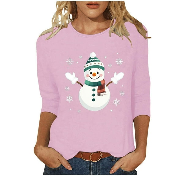 successthop Womens Christmas Tops Funny Graphic Snowman Plus Size 3/4 Sleeve Clothes Oversized Crewneck Party Shirt