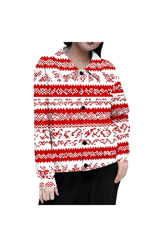 Womens Christmas Ugly Shirts Stripe Long Sleeve Top Collar Button Down Cardigan Print Festival Clothes Red
