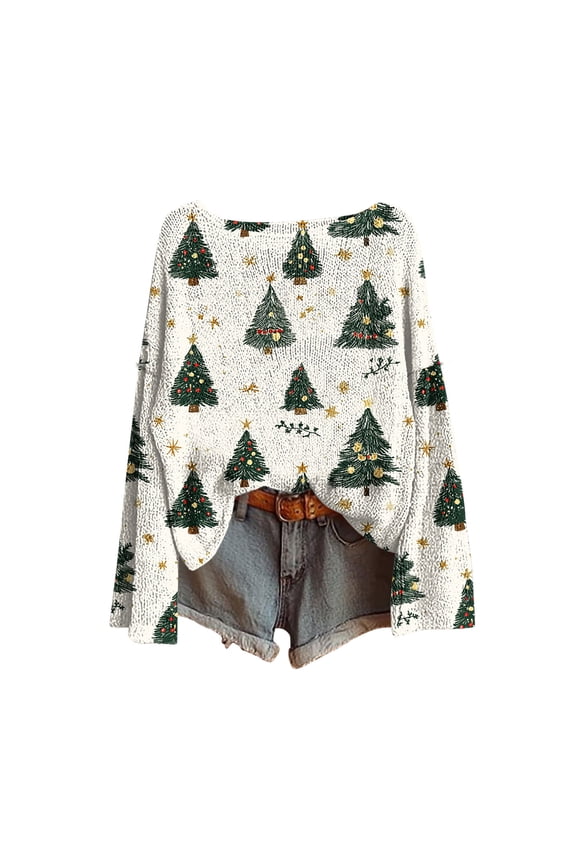 Womens Christmas Ugly Sweater Tree Knit Long Sleeve Knitwear Crewneck Fall Winter Pullover Top Print Clothes