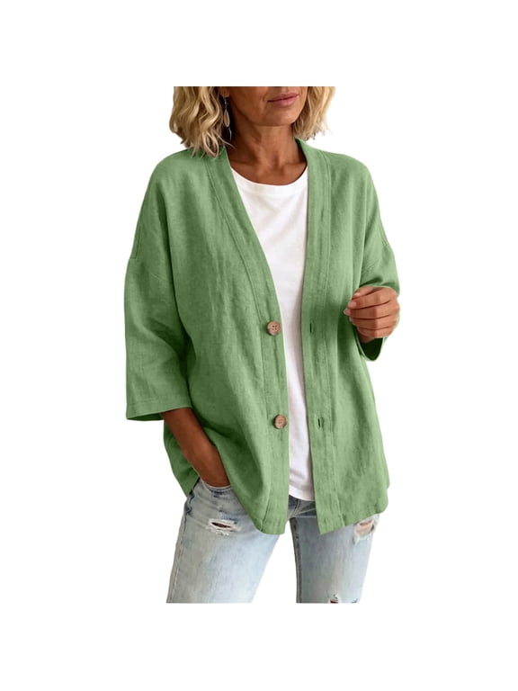 Womens Cotton Linen Cardigan Jackets Lightweight 3/4 Sleeve Button Up Plus Size Tunic Tops Fall Outwear L