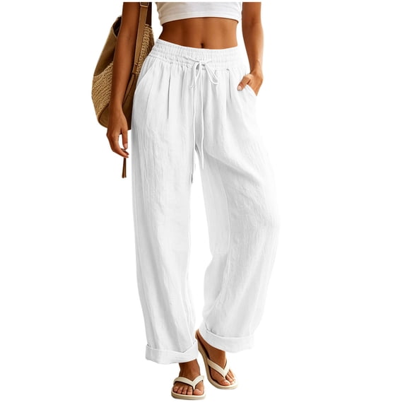 successthop Womens Cotton Linen Pants with Pockets Pant Drawstring Elastic Waist Bottoms Rolled Hem Casual Clothes White