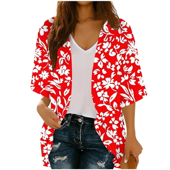 successthop Womens Cover Up Spring Casual Open Front Cardigan Holiday 3/4 Sleeve Knitwear Floral Beach Clothes Green S