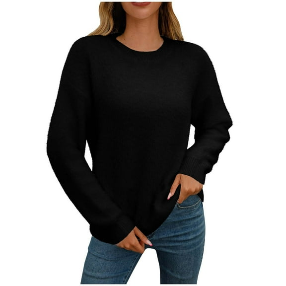 successthop Womens Cozy Sweaters Fuzzy Fleece Long Sleeve Tops Crewneck Casual Pullover Knitwear Solid Clothes Black M