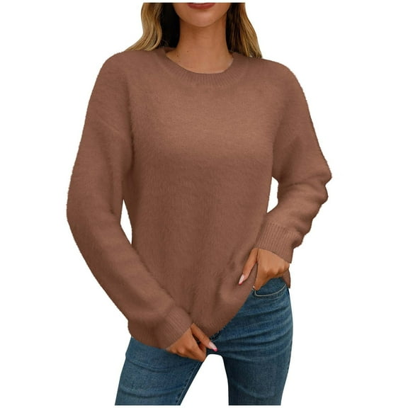 successthop Womens Cozy Sweaters Fuzzy Fleece Long Sleeve Tops Crewneck Casual Pullover Knitwear Solid Clothes Brown M