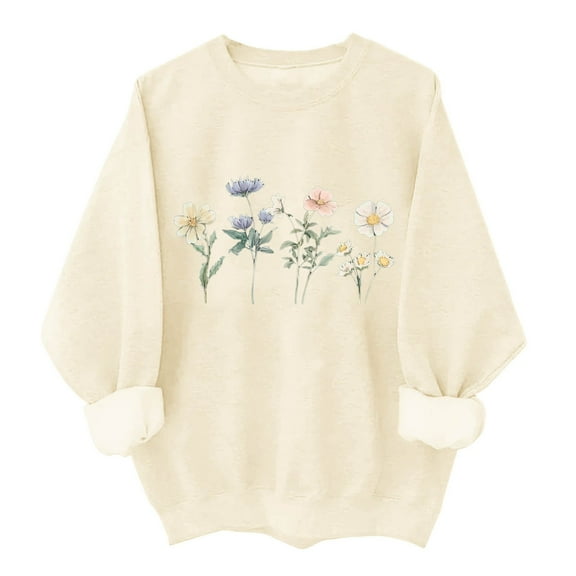 successthop Womens Crewneck Sweatshirt Oversized Long Sleeve Sweater No Hood Pullover Tops Floral Casual Clothes Beige