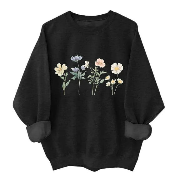 successthop Womens Crewneck Sweatshirt Oversized Long Sleeve Sweater No Hood Pullover Tops Floral Casual Clothes Black S