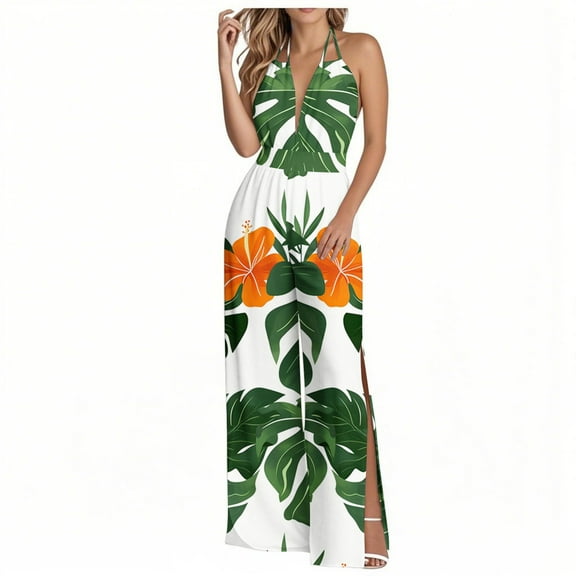 successthop Womens Dressy Jumpsuits Wedding Guest Loose V Neck One Piece Tie Back Elastic Wide Leg Floral Lounge Wear L