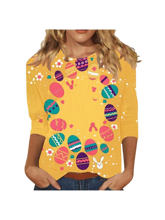 Womens Easter Tops Bunny Egg Festival 3/4 Sleeve Casual Shirts Crewneck Tops Spring Vacation Clothes Yellow 4XL