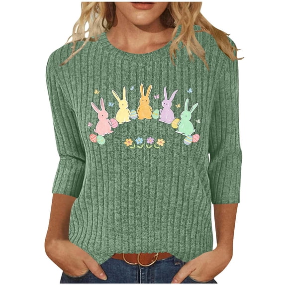 successthop Womens Easter Tops Bunny Ribbed Casual 3/4 Sleeve Holiday T Shirts Crewneck Top Loose Spring Beach Clothes M