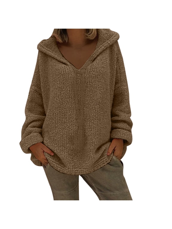 Womens Fall Sweater Plus Size Long Sleeve Outwear Hooded Casual Pullover Top Solid Trendy Clothes Brown 3XL