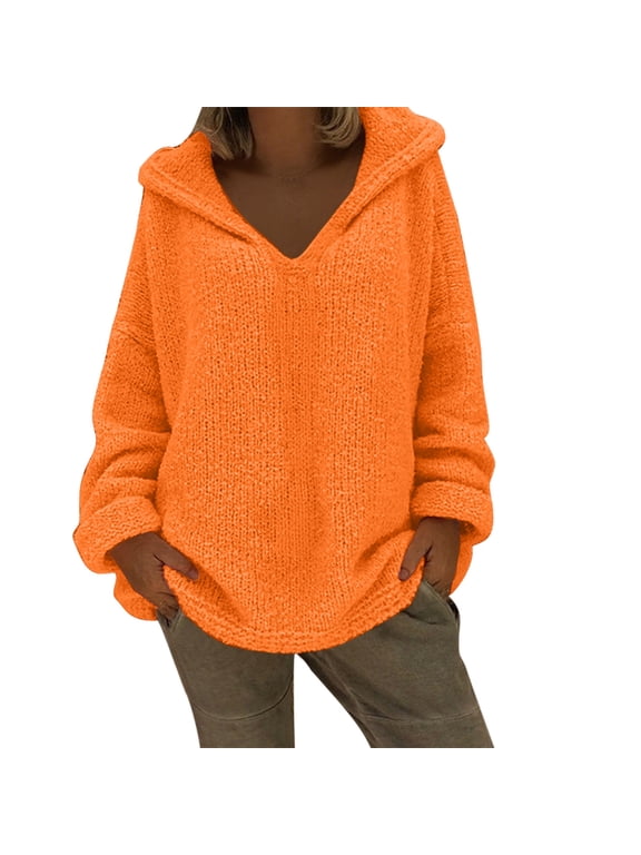 Womens Fall Sweater Plus Size Long Sleeve Outwear Hooded Casual Pullover Top Solid Trendy Clothes Orange 3XL
