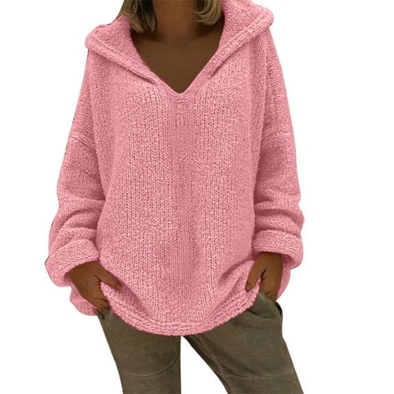 successthop Womens Fall Sweater Plus Size Long Sleeve Outwear Hooded Casual Pullover Top Solid Trendy Clothes Pink 3XL
