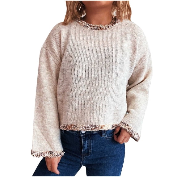 successthop Womens Fall Sweaters Long Sleeve Top Crewneck Trendy Pullover Knitwear Solid Casual Clothes Beige L
