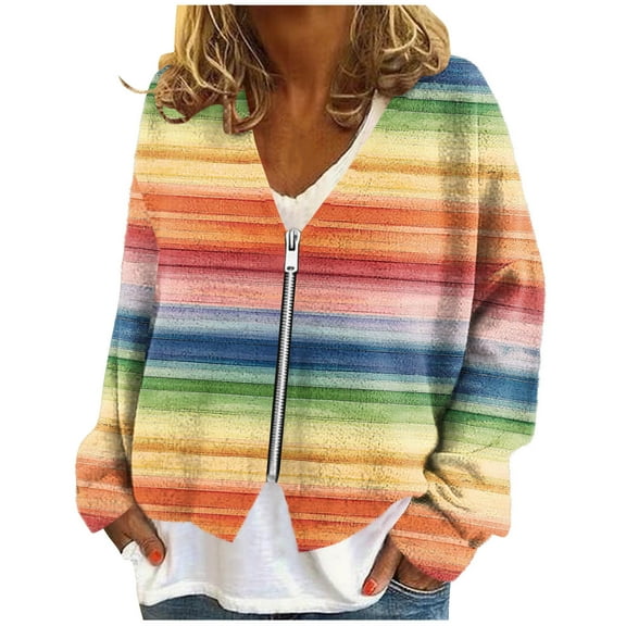 successthop Womens Flannel Jacket Fuzzy Coat Long Sleeve Zip Up V Neck Outwear Lightweight Rainbow Stripe Streetwear Red