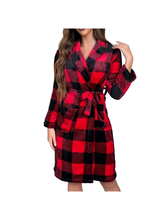 Womens Flannel Robe Fuzzy Lightweight Soft Belted Knee Length Sleepwear Warm Plaid Bathrobe with Pockets Red