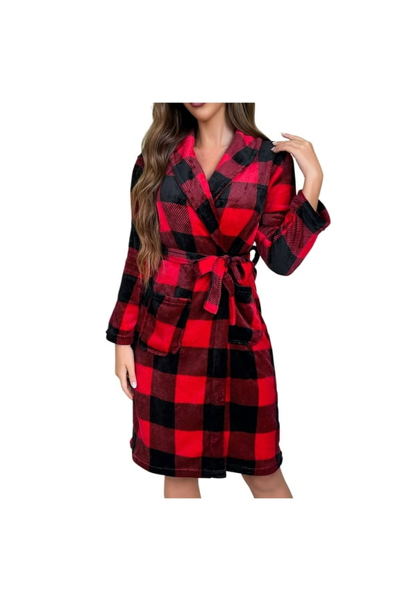 Womens Flannel Robe Fuzzy Lightweight Soft Belted Knee Length Sleepwear Warm Plaid Bathrobe with Pockets Red