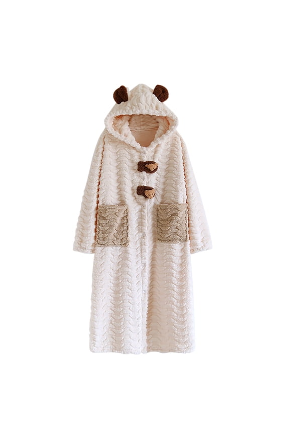 Womens Flannel Robe Fuzzy Loungewear Cute Button Long Winter Hood with Bear Ear Bathrobe with Pocket Beige L