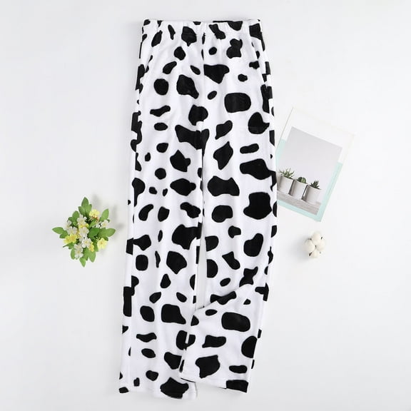 successthop Womens Fuzzy Pajama Pant Fleece Plus Size Loungewear Oversized Pj Bottoms with Pockets Cow Spots Trousers