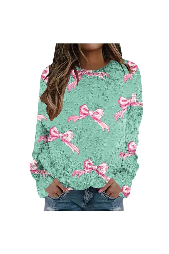 Womens Graphic Sweatshirts Bow Flannel Drop Shoulder Crewneck Long Sleeve Tops Pullover Print Streetwear 2XL