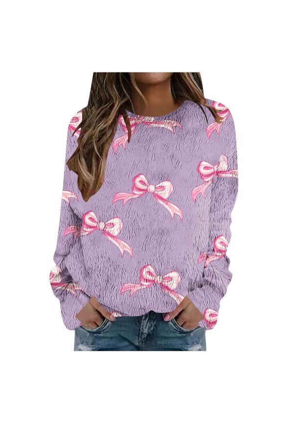 Womens Graphic Sweatshirts Bow Flannel Drop Shoulder Crewneck Long Sleeve Tops Pullover Print Streetwear 2XL