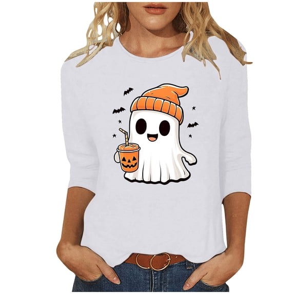 successthop Womens Halloween Clothes Ghost 3/4 Sleeve Crewneck Tee Happy Holiday T shirt Fall Festival Plus Size Tops S