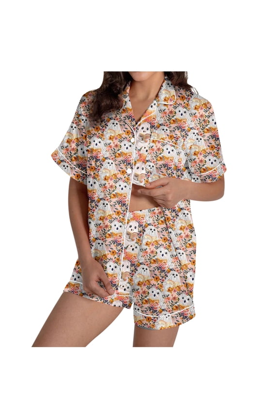 Womens Halloween Pajamas Short Set Ghost Read Book 2 Piece Party Button Down Shirt Vacation Loungewear