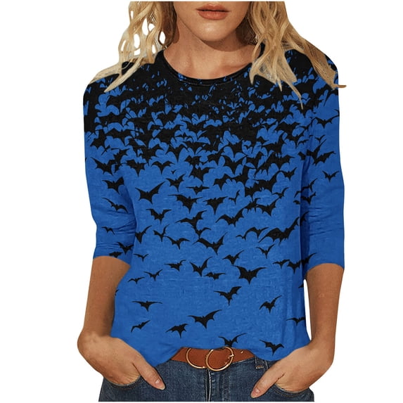 successthop Womens Halloween T Shirts Bat 3/4 Sleeve Crewneck Tee Happy Festival Tops Fall Holiday Plus Size Clothes