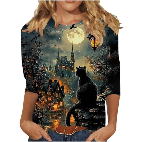 successthop Womens Halloween T Shirts Kitten 3/4 Sleeve Crewneck Tops Vacation Tee Fall Plus Size Awareness Clothes 3XL