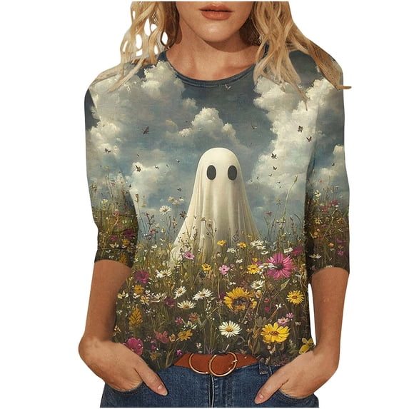 successthop Womens Halloween Tops Ghost 3/4 Sleeve Crewneck Tee Happy Holiday T shirt Festival Fall Vacation Clothes M