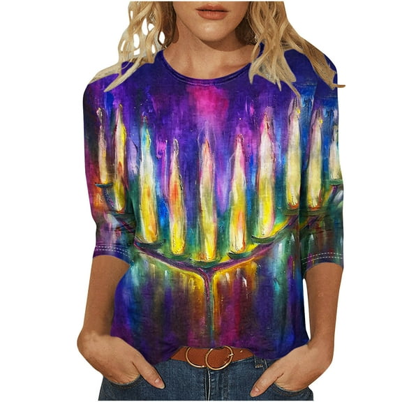 successthop Womens Hanukkah Shirt Candle Jewish Plus Size Oversized Lightweight Crewneck 3/4 Sleeve Tops Blouse