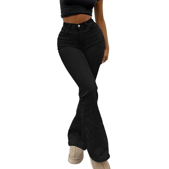 successthop Womens Jeans High Waisted Flare Strecthy Pant Button Slim Trousers Zip Up Going Out Streetwear with Pockets