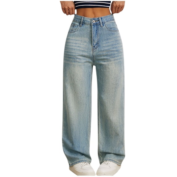successthop Womens Jeans High Waisted Straight Leg Open Bottom Pant Button Casual Trousers Zip Up Clothes with Pockets M