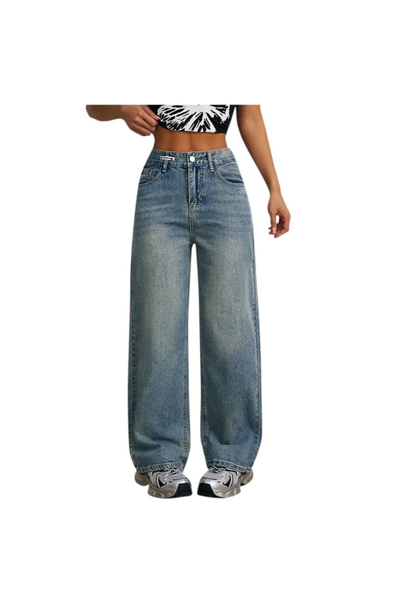 Womens Jeans High Waisted Straight Leg Open Bottom Pant Drawstring Trousers Pearls Side Clothes with Pockets