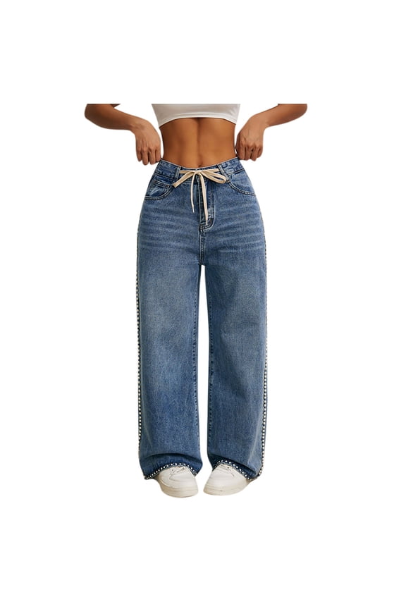 Womens Jeans High Waisted Straight Leg Open Bottom Pant Drawstring Trousers Pearls Side Clothes with Pockets