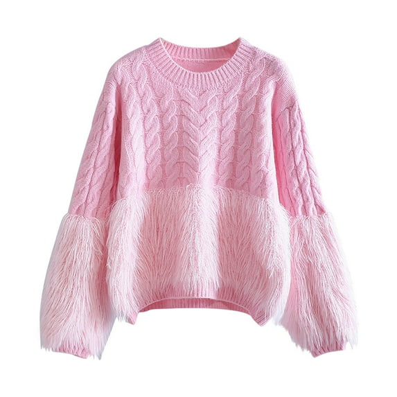 successthop Womens Knitted Sweater Long Sleeve Outwear Chunky Crewneck Fringe Pullover Top Solid Clothes Pink Free Size