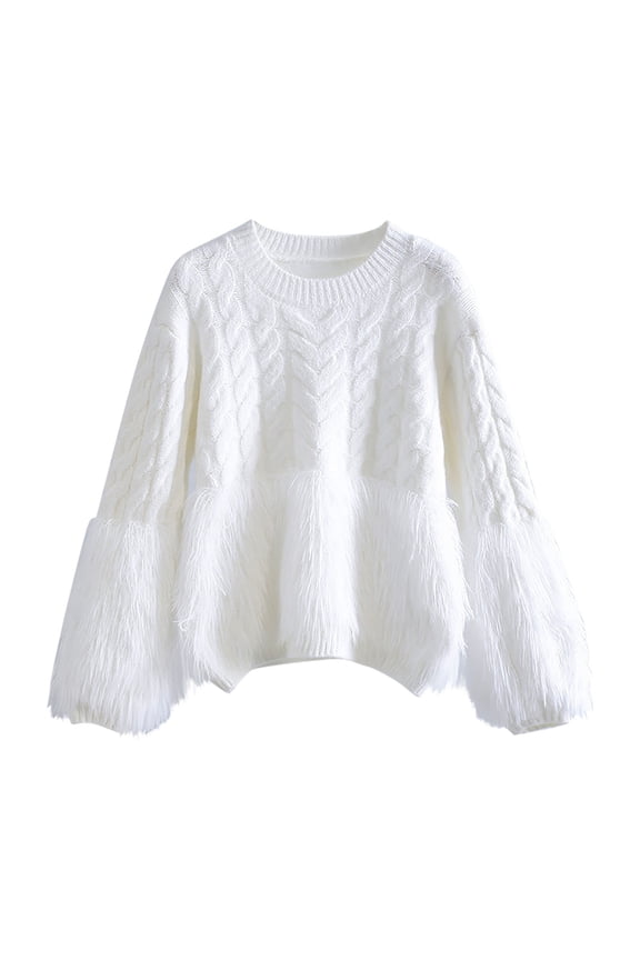 Womens Knitted Sweater Long Sleeve Outwear Chunky Crewneck Fringe Pullover Top Solid Clothes White Free Size