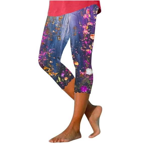 successthop Womens Leggings High Waisted Slim Plus Size Loose Capri Bottoms Pants Floral Lightweight Summer Capris S