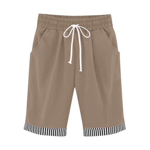 successthop Womens Long Shorts with Pockets Linen Stripe Drawstring Plus Size Shorts Pull On Casual Outfits Clothes S